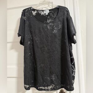 Sheer Black Chiffon Short Sleeve Textured Floral Blouse